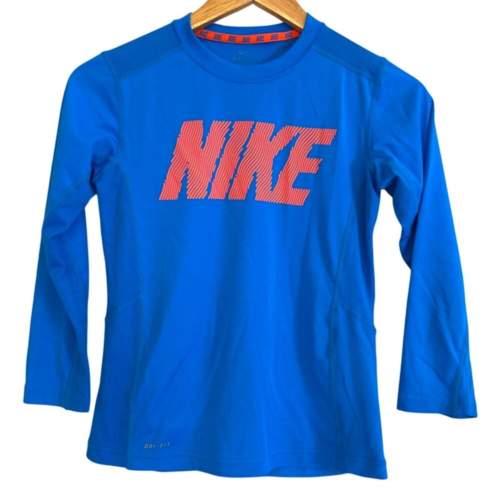 Nike Boys Dri-Fit Long Sleeve Tee Neon Blue Orange Small